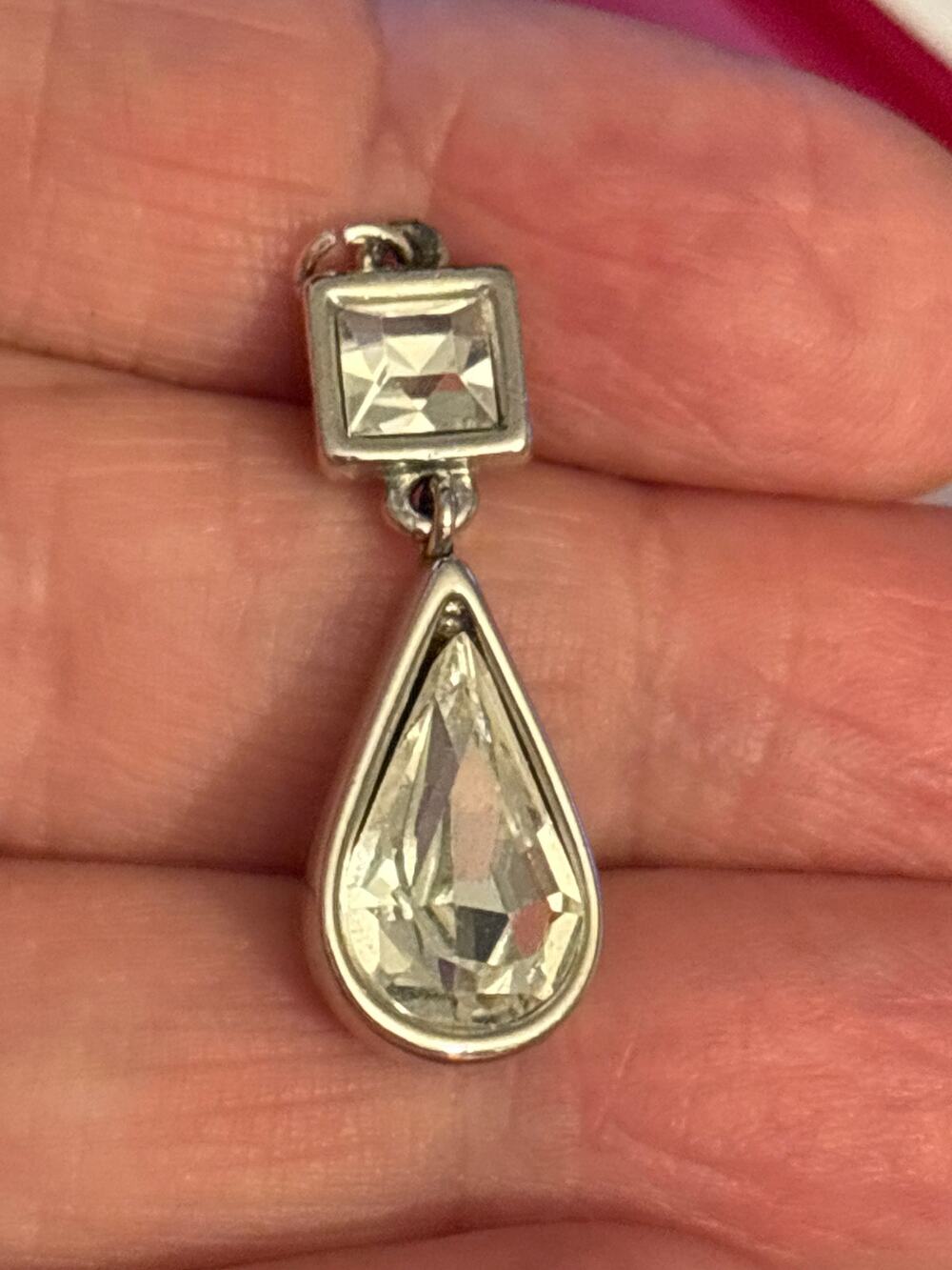 Vintage Silver Tone Clear Crystal Teardrop Pendant